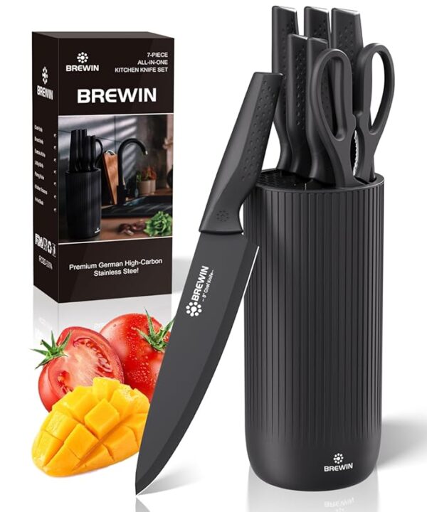 Knife Set, Brewin Kitchen Knife Set, Knives Set for Kitchen, Universal Knife Block, Utility Knife Block Set, Kitchen Essentials, New Home Essentials, Apartment Essentials, Dishwasher Safe