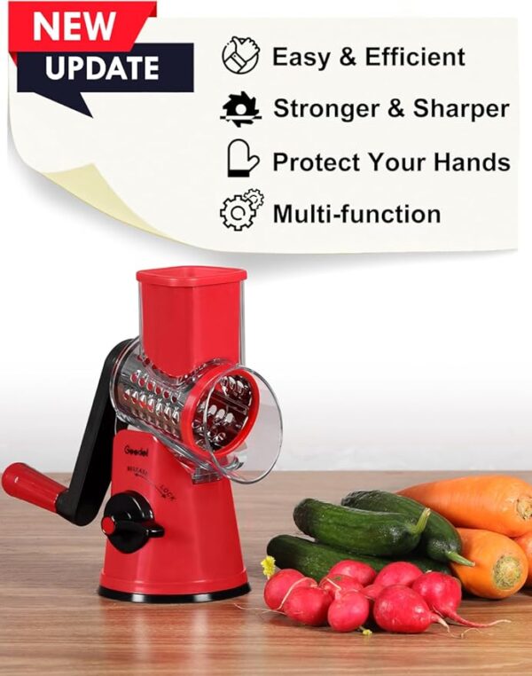 Geedel Rotary Cheese Grater Cheese Shredder - Upgraded 5-in-1 Cheese Grater with Handle and Strong Suction Base, Multi-purpose Vegetable Slicer Ice Shaver Nuts Grinder for Ice, Vegetables, Fruit, Nuts - Image 6