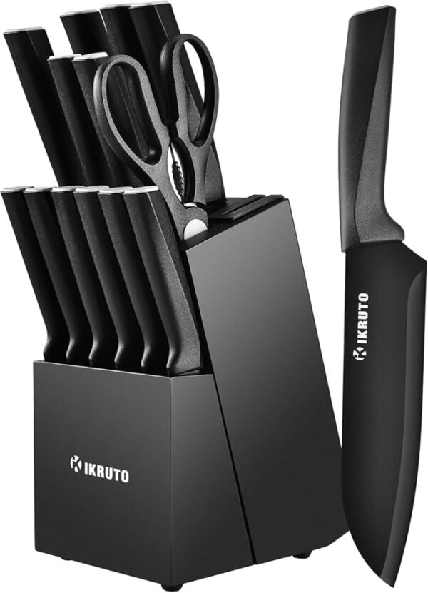 15-Piece Professional Kitchen Knife Set with Block â Built-in Sharpener, Anti-Slip Handles, Non-Slip Base â Effortless Cooking Tools for Chefs & Home Cooks (Black Gray) - Image 2