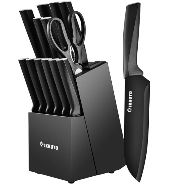 15-Piece Professional Kitchen Knife Set with Block â Built-in Sharpener, Anti-Slip Handles, Non-Slip Base â Effortless Cooking Tools for Chefs & Home Cooks (Black Gray)