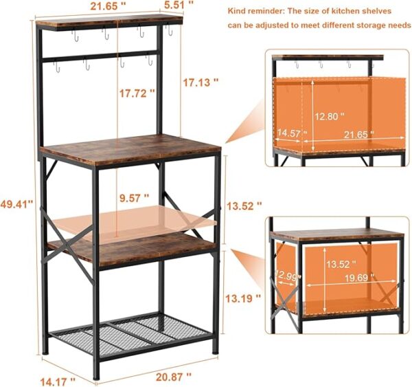 Kitchen Bakers Rack with Storage Shelves, Small Coffee Bar Cart with 8 Hooks, 4 Tiers Microwave Stand Station with Adjustable Shelves, Freestanding Kitchen Appliance Organizer, Rustic Brown - Image 3