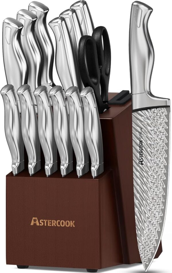 Astercook Knife Set, 15-Piece Kitchen Knife Set with Block, Built-in Knife Sharpener, German Stainless Steel Knife Block Set, Dishwasher Safe - Image 2