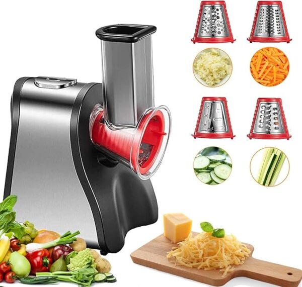 FOHERE Electric Cheese Grater Salad Maker, Electric Slicer Shredder for Home Kitchen Use, One-Touch Easy Control, Electric Grater for Vegetables, Cheeses and Nuts, BPA-Free, Red - Image 2