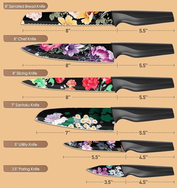 Astercook Knife Set, 12-Piece Flower Kitchen Knives Sets with Blade Guards, Dishwasher Safe, German High Carbon Stainless Steel, Perfect Gifts for Kitchen - Image 3