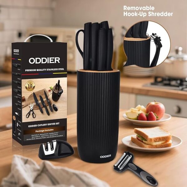 Knife Set, 10 Piece Kitchen Knife Set with Block and Sharpener, Anti-Rust Stainless Steel Knives Set for Kitchen, Chef Universal Knife Block Set, Dishwasher Safe, Ergonomical Design, Black - Image 3