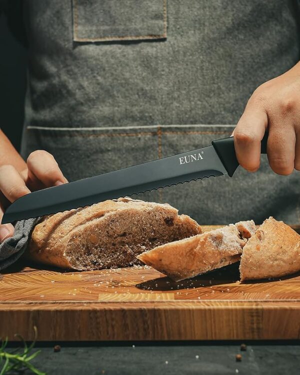 EUNA Kitchen Knife Set, 19 PCS Black Knife Set with Acrylic Block and Sharpener, German High-Carbon Stainless Steel Knife Sets with 6 Serrated Steak Knives, Bread Knife, Chef Knife, Dishwasher Safe - Image 6