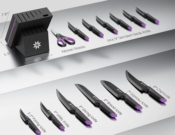 Knife Set - 15 PCS Kitchen Knife Set with Built-in Knife Sharpener Block - Stainless Steel Knife Block Set - Dishwasher Safe Mordern Knife Set, Elegant Box for Men Women - Image 3