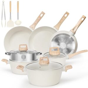 13 Pcs Pots and Pans Set Non Stick Kitchen Cookware Sets Nonstick Induction Cookware Non-toxic White Granite Cooking Tools with Stay-Cool Handles, Silicone Tools (PFOS/PFOA Free)