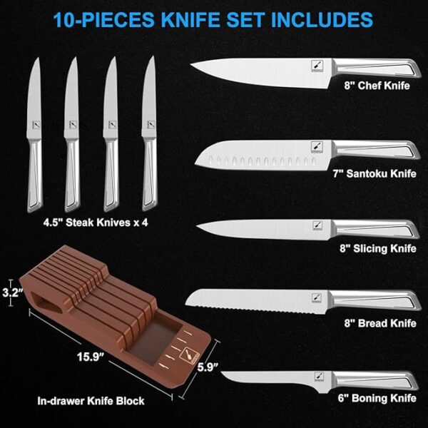 imarku Knife Set, 10 PCS Japanese Stainless Steel Knife Block Set, Kitchen Knife Set with Wooden Drawer Organizer, Drawer Knife Set,Dishwasher Safe, Ultra Sharp Chef Knife, Gifts for Women Men - Image 3