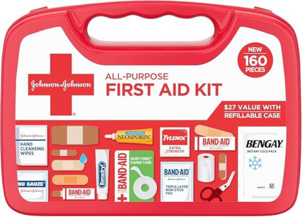 Johnson & Johnson All-Purpose Portable Compact First Aid Kit for Minor Cuts, Scrapes, Sprains & Burns, Ideal for Home, Car, Travel, Camping and Outdoor Emergencies, 160 Pieces - Image 2