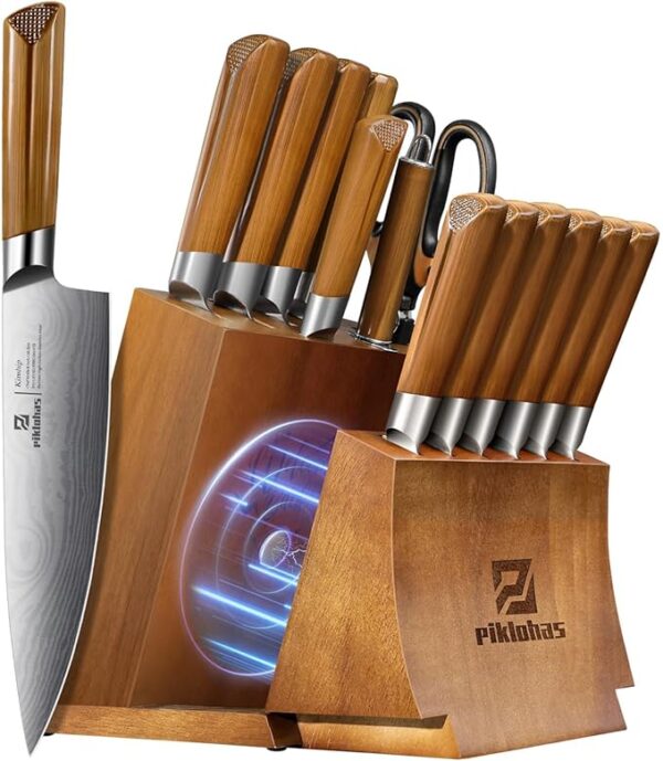 Kitchen Knife Sets With Block, Piklohas 15 Pieces Knife Sets With Magnetic Detachable Knife Holder, High Carbon Steel Damascus Pattern Chef Knife Set With Steak Knives, Ideal For House Warming Gift - Image 2