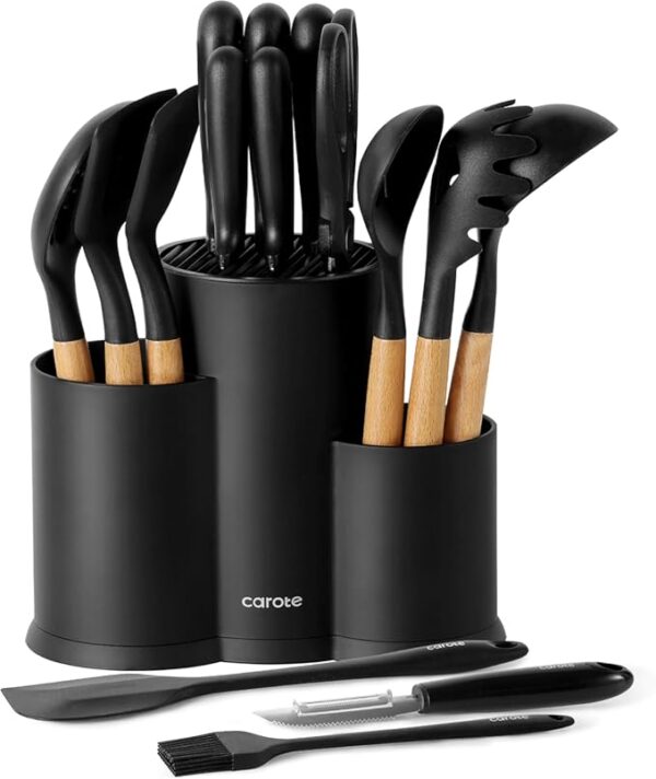 CAROTE 16 Pieces Kitchen Utensils Set, Silicone Cooking Utensils Set with Wooden Handle, Stainless Steel Knife Set with Block, Kitchen Utensil Gadgets Cutlery with Anti-slip Handle, Black - Image 2