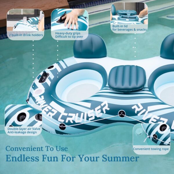 River Tube Floats for Adults Heavy Duty Pool Floats Inflatable Water Tube with Cup Holeder, Drink Cooler and Mesh Bottom Backrest (2 Pack Single/Double) - Image 2