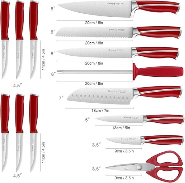 Knife Set, Emojoy 15 Piece Kitchen Knife Set with Block Wooden, German Stainless Steel Sharp Chef Knife Set with Sharpener, Dishwasher Safe and Rust Proof (kitchen knife set red) - Image 3