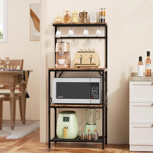 Kitchen Bakers Rack with Storage Shelves, Small Coffee Bar Cart with 8 Hooks, 4 Tiers Microwave Stand Station with Adjustable Shelves, Freestanding Kitchen Appliance Organizer, Rustic Brown - Image 2