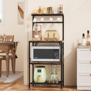 Kitchen Bakers Rack with Storage Shelves, Small Coffee Bar Cart with 8 Hooks, 4 Tiers Microwave Stand Station with Adjustable Shelves, Freestanding Kitchen Appliance Organizer, Rustic Brown