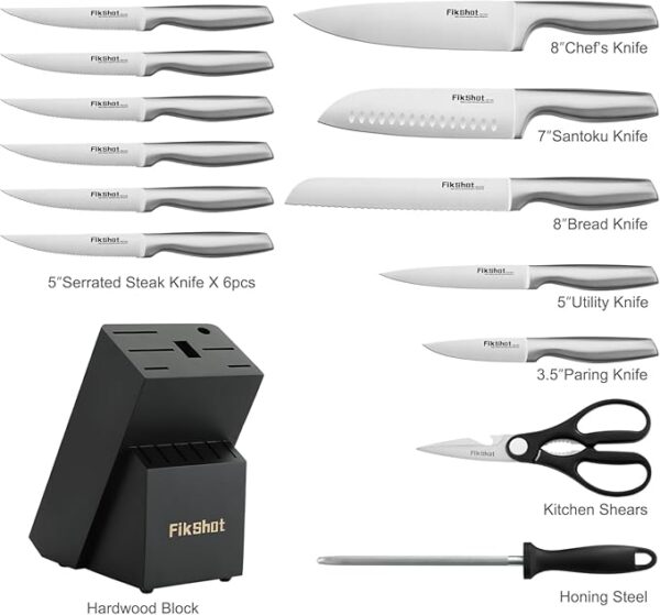 Kitchen Knife Set, FIKSHOT Premium Stainless Steel Knife Block Set, Razor-Sharp Santoku Knife and Fruit Knives, Gift for Homecooks, Dishwasher Safe and Rust-Proof, Designed for Women - Image 6