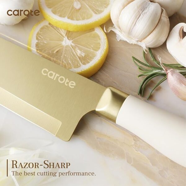 CAROTE 12PCS Kitchen Knife Set, Healthy Gold Titanium Coating Knife Set, Dishwasher Safe with 6 Blade Guards, Rustproof Stainless Steel Cutlery Set, White and Gold - Image 4