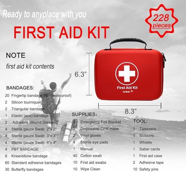 Compact First Aid Kit (228pcs) Designed for Family Emergency Care. Waterproof EVA Case and Bag is Ideal for The Car, Home, Boat, School, Camping, Hiking, Office, Sports. Protect Your Loved Ones. Red - Image 3