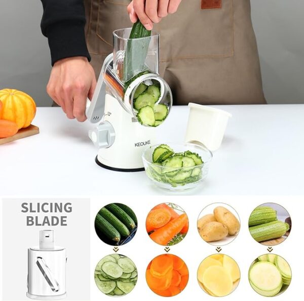 Cambom Rotary Cheese Grater Hand Crank Cheese Shredder for Fresh Cheese, Vegetable, Nuts,Non-slip Suction Base, Free Cleaning Brush Three Blades, White - Image 3