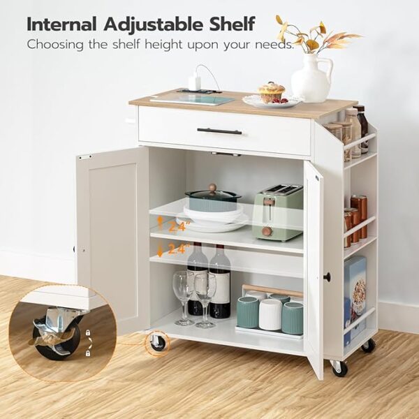 HOOBRO Kitchen Island with Power Outlet, Kitchen Storage Island with Spice Rack and Drawer, Rolling Kitchen on Wheels, for Home, Dining Room, Natural and White - Image 6