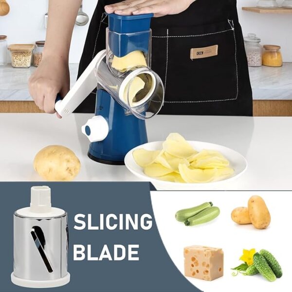 KEOUKE Rotary Cheese Grater with Handle - 3 Changeable Blades for Cheese, Vegetables, Nuts - Blue - Image 5