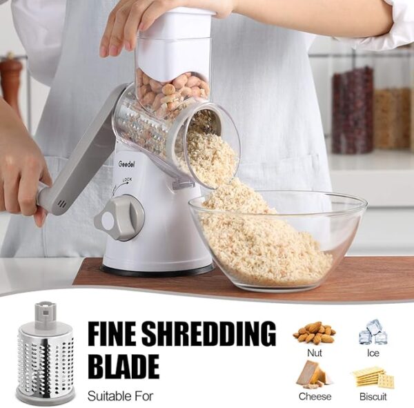 Geedel Rotary Cheese Grater, Kitchen Mandoline Vegetable Slicer with 3 Interchangeable Blades, Easy to Clean Rotary Grater Slicer for Fruit, Vegetables, Nuts - Image 6