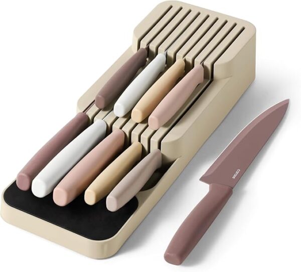 CAROTE 10Pcs Kitchen Knife Set, Dishwasher Safe knife set with In-Drawer Knife Block, Drawer Knife Set with Razor-Sharp Blades, 4 Steak Knives, Pink & Khaki - Image 2