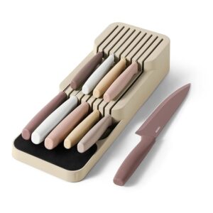 CAROTE 10Pcs Kitchen Knife Set, Dishwasher Safe knife set with In-Drawer Knife Block, Drawer Knife Set with Razor-Sharp Blades, 4 Steak Knives, Pink & Khaki