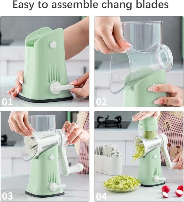 VEKAYA Rotary Cheese Grater, 5 in 1 Cheese Grater with Handle, Replaceable Stainless Blades Cheese Shredder, Cheese Vegetable Slicer, Easy to Clean Kitchen Gadgets with Storage Box - Image 5