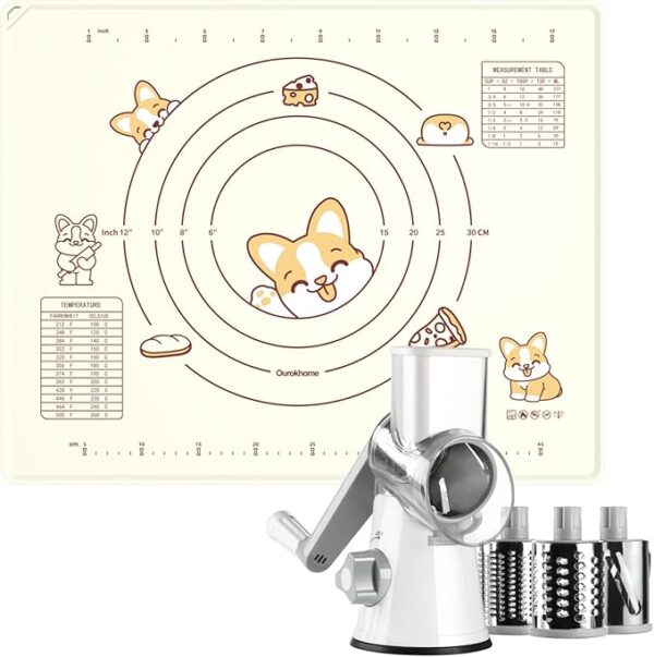 Silicone Baking Pastry Mat with Dough Cutter, Ourokhome 20'' X 16" Extra Thick Kneading Rolling mat, Rotary Cheese Grater Shredder - 3 Drum Blades Manual Speed Round Food Slicer Nut Grinder - Image 2