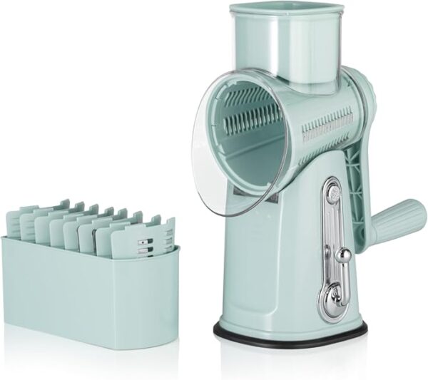 5 in1 Rotary Cheese Grater with Handle, Rotary Grater, Vegetable Slicer, Shredder, Carrot Grater, Nut Grinder, and Chocolate Shaver (Light Green) - Image 2
