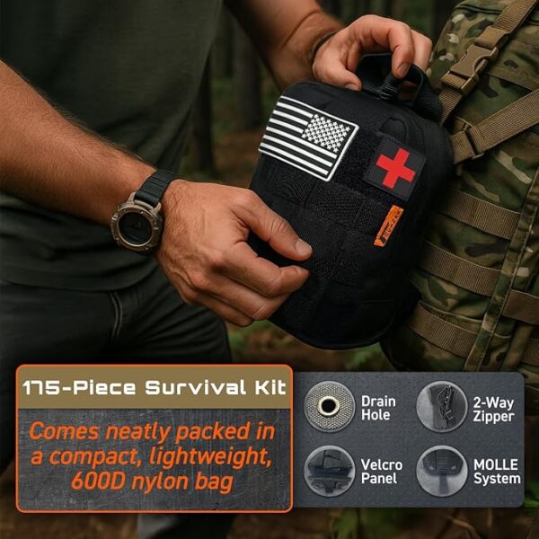 GunZee 175-Piece Survival Kit, First Aid Kit for Emergency and Outdoor Adventures, IFAK, Fishing Gear, MOLLE-Compatible Bag, Car Travel, Camping, Hiking, Earthquake, Tornado, Gifts for Men and Women - Image 3