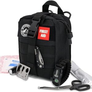The Brazos First Aid Survival Kit, 250 Pieces, Hiking & Camping Essentials, Survival Gear and First Aid Combo for Emergency Preparedness, Lightweight, Portable, Tactical Clips & Closures, Black