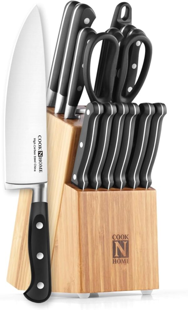 Cook N Home Kitchen Knife Set with Bamboo Storage Block 15-Piece, High Carbon Stainless Steel Blade, Black - Image 2