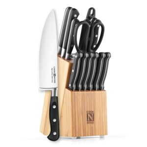 Cook N Home Kitchen Knife Set with Bamboo Storage Block 15-Piece, High Carbon Stainless Steel Blade, Black