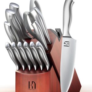 Kitchen Knife Block Set, Enduring Sharpness Premium Knife Set with Block, 14 Pcs Japanese High Carbon Stainless Steel Knives Set for Kitchen, Chef Knife Set with Block and Built in Sharpener