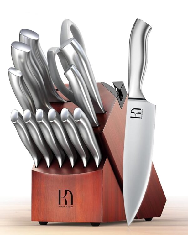 Kitchen Knife Block Set, Enduring Sharpness Premium Knife Set with Block, 14 Pcs Japanese High Carbon Stainless Steel Knives Set for Kitchen, Chef Knife Set with Block and Built in Sharpener