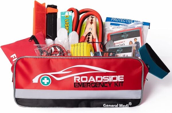 General Medi 127-Pieces Roadside Car Emergency Kit Include Mini First Aid Kit, Jumper Cables,Tow Rope, Bandage, Safety Vest, Emergency Triangle, All in One Pack - Image 5