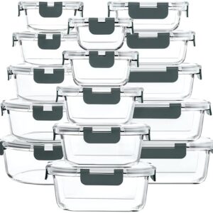 M MCIRCO 30 Pieces Glass Food Storage Containers with Snap Locking Lids,Glass Meal Prep Containers Set - Airtight Lunch Containers, Microwave, Oven, Freezer and Dishwasher