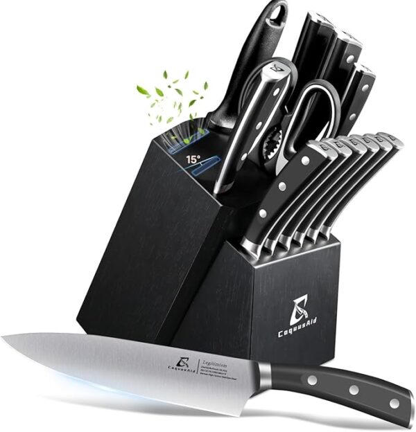 Knife Set, Kitchen Knife Block Sets with Sharpener, 6 Steak Knife Set Serrated with Block, 15 PCS Forged German Stainless Steel Rust Proof Knives, Dishwasher Safe Black, New Beveled Design - Image 2