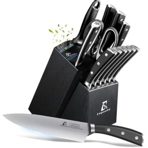 Knife Set, Kitchen Knife Block Sets with Sharpener, 6 Steak Knife Set Serrated with Block, 15 PCS Forged German Stainless Steel Rust Proof Knives, Dishwasher Safe Black, New Beveled Design