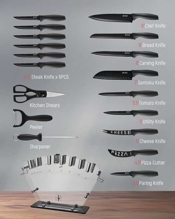 EUNA Kitchen Knife Set, 19 PCS Black Knife Set with Acrylic Block and Sharpener, German High-Carbon Stainless Steel Knife Sets with 6 Serrated Steak Knives, Bread Knife, Chef Knife, Dishwasher Safe - Image 4