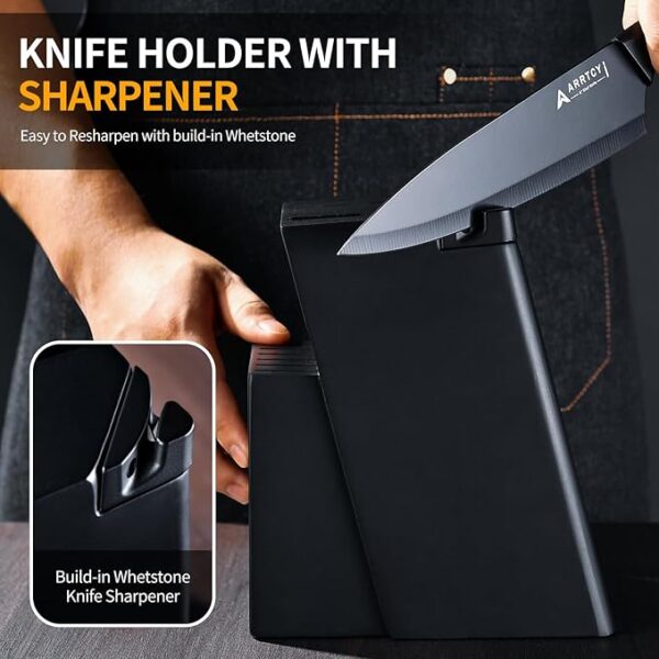 Knife Set - Kitchen Knife Set with Built-in Sharpener - knife block set dishwasher safe 15 piece - Anti-slip Handle - German Stainless Steel - Black,with Gift Box - Image 6