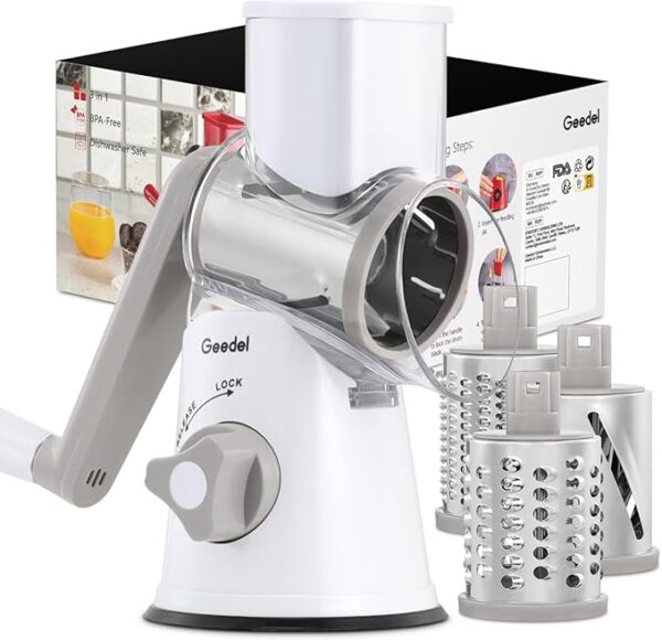 Geedel Rotary Cheese Grater, Kitchen Mandoline Vegetable Slicer with 3 Interchangeable Blades, Easy to Clean Rotary Grater Slicer for Fruit, Vegetables, Nuts - Image 2