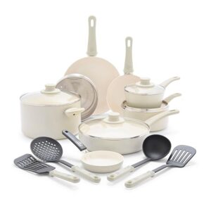 GreenLife Soft Grip 16 Piece Cookware Set, Non-Toxic PFAS-Free Ceramic Nonstick, Frying, Sauce, Saute, Utensils, Glass Lids, Stay-Cool Handles, Wobble Free, Dishwasher & Oven Safe, Cream
