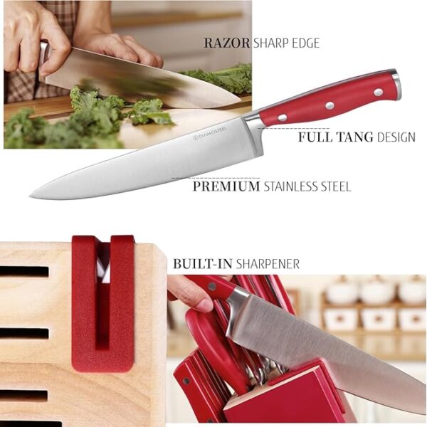 Red Knife Set, 15-Piece Knife Block Set with Built-in Sharpener Scissors for Kitchen, Dishwasher Safe Knives set Ideal Present for Family & Restaurant - Image 3