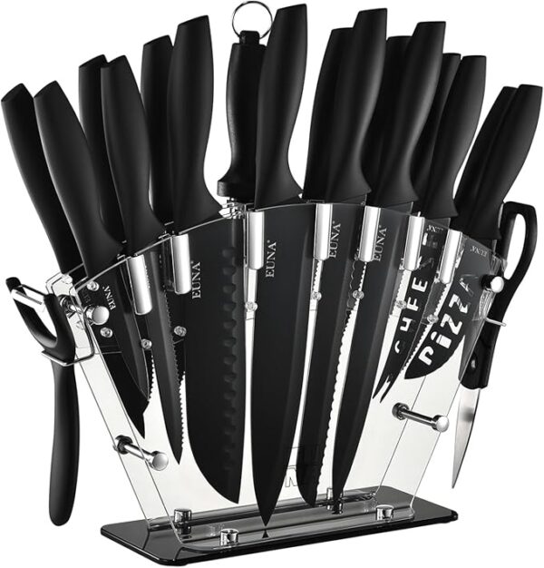 EUNA Kitchen Knife Set, 19 PCS Black Knife Set with Acrylic Block and Sharpener, German High-Carbon Stainless Steel Knife Sets with 6 Serrated Steak Knives, Bread Knife, Chef Knife, Dishwasher Safe - Image 2
