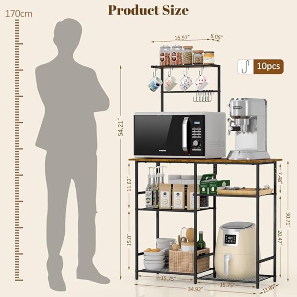 Baker's Rack for Kitchen with Storage, Microwave Stand with Adjustable Shelves and 10 S Hooks, 6-Tier Coffee Bar Station, Kitchen Shelves for Spices, Pots, Rustic Brown - Image 3