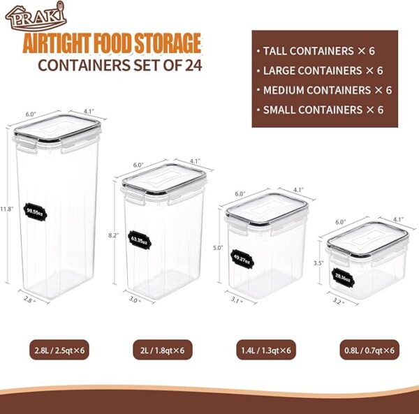 PRAKI Airtight Food Storage Containers Set with Lids - 24 PCS, BPA Free Kitchen and Pantry Organization, Plastic Leak-proof Canisters for Cereal Flour & Sugar - Labels & Marker - Image 3